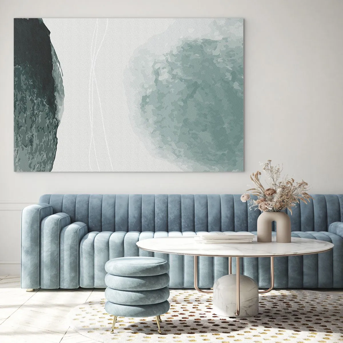 Impression sur verre - Image sur verre - Formes abstraites vertes sur un fond clair ressemblant à du brouillard - 70x50cm - Rencontre avec le brouillard - Décoration murale moderne pour le salon et la chambre ARTTOR