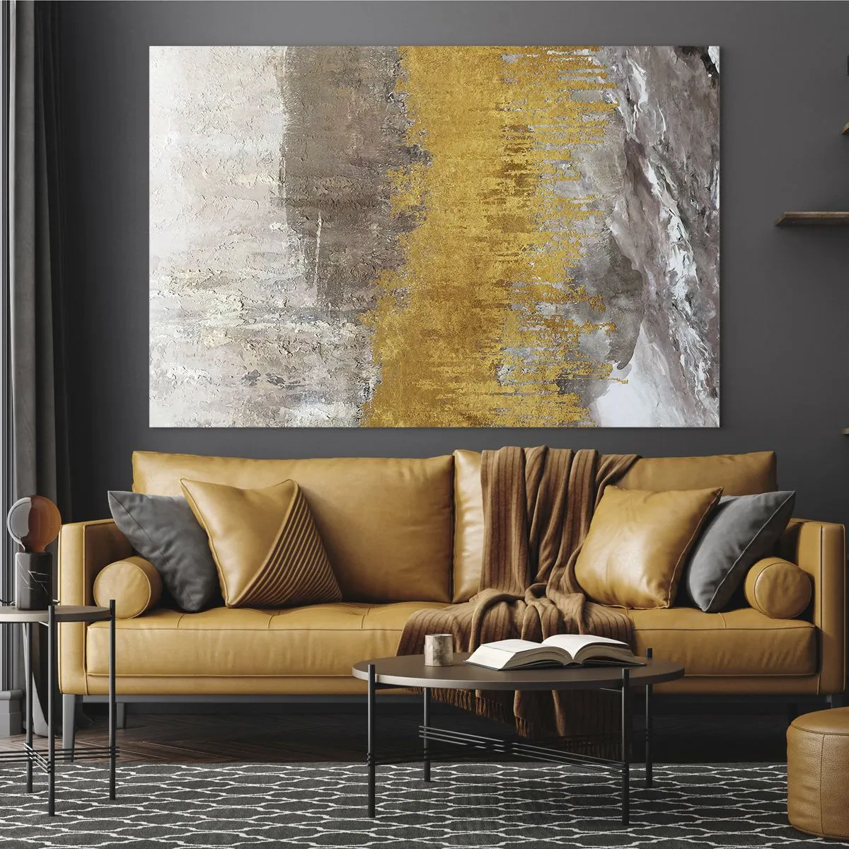 Impression sur verre - Image sur verre - Les structures dorées et terreuses créent une abstraction dynamique - 70x50cm - Une explosion d'or - Décoration murale moderne pour le salon et la chambre ARTTOR
