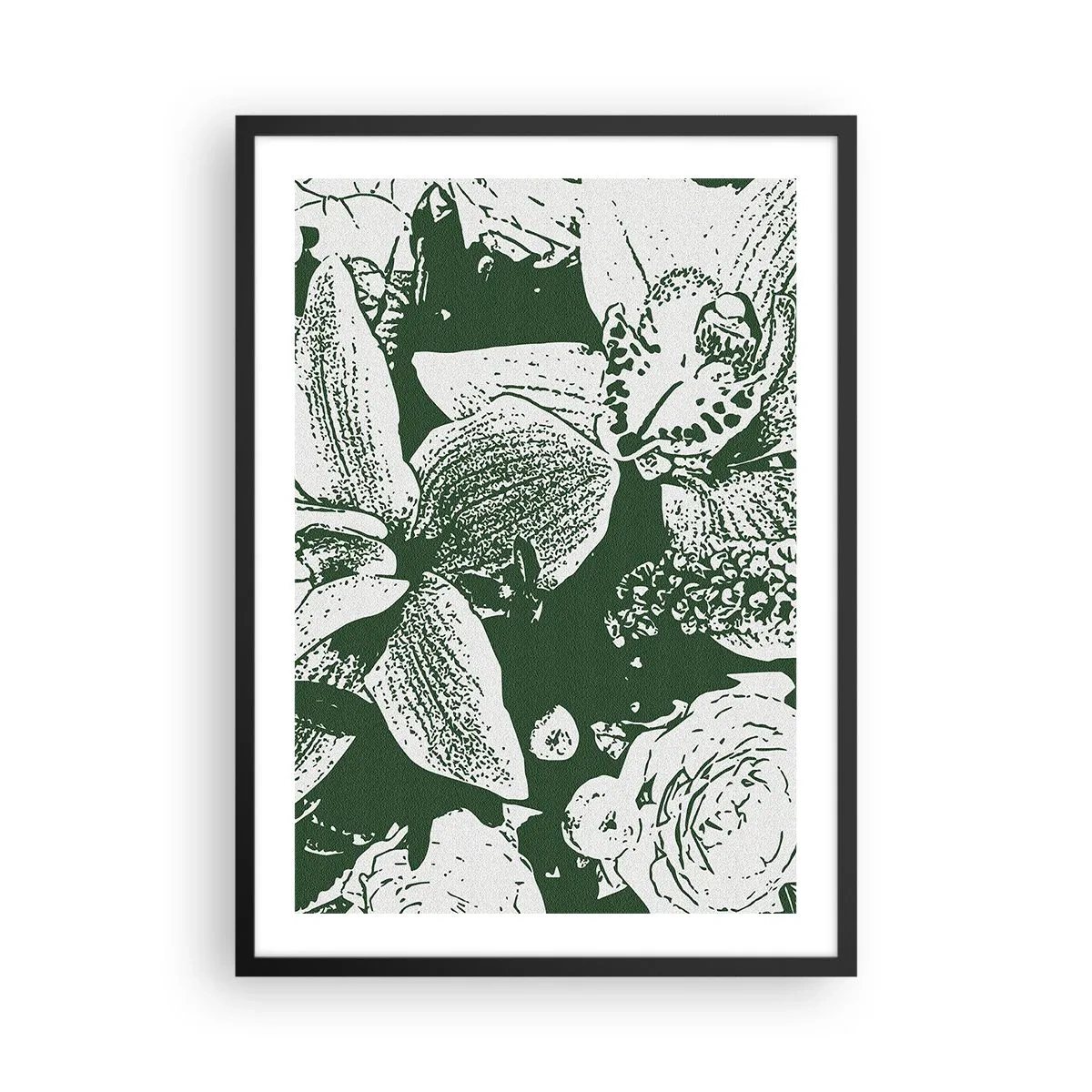Affiche dans un cadre noir - Poster - Illustration botanique de fleurs et de feuilles aux couleurs contrastées - 50x70cm - Bouquet - le monde du vert - Décoration murale moderne pour le salon et la chambre ARTTOR
