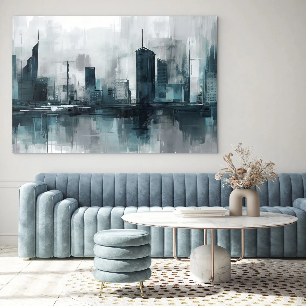 Impression sur verre - Image sur verre - Une ville moderne aux tons bleus et gris - 70x50cm - Une ville couleur de pluie - Décoration murale moderne pour le salon et la chambre ARTTOR