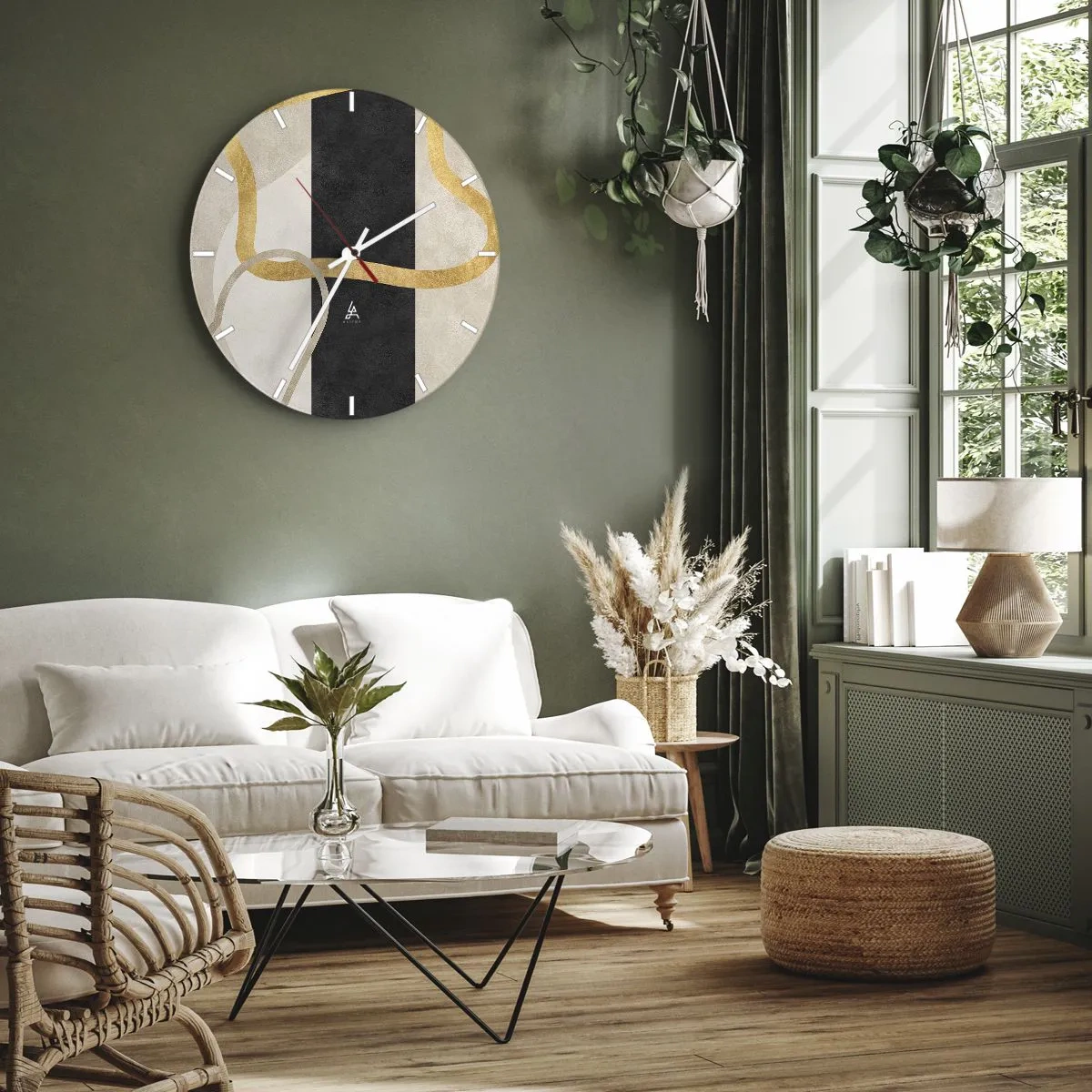 Horloge murale - Pendule murale - Lignes dorées sur fond de bande noire et formes beiges - 30x30cm - Formes emmellées - Décoration murale moderne pour le salon, la cuisine et la chambre ARTTOR