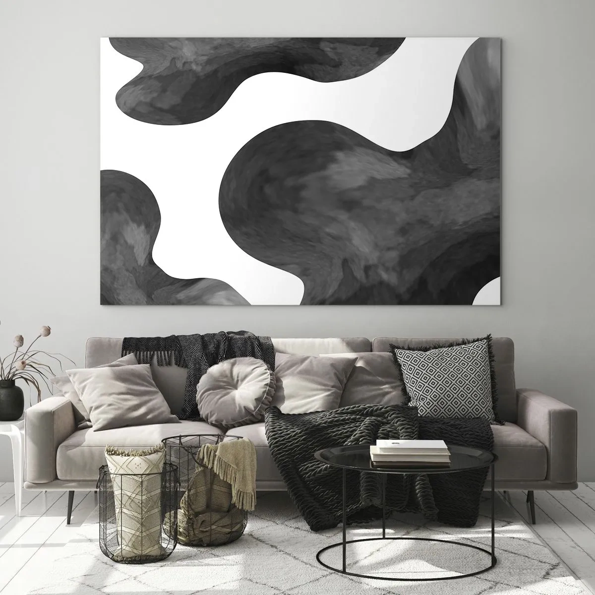 Impression sur verre - Image sur verre - Formes abstraites dans des tons noir et blanc - 70x50cm - La route du lait - Décoration murale moderne pour le salon et la chambre ARTTOR