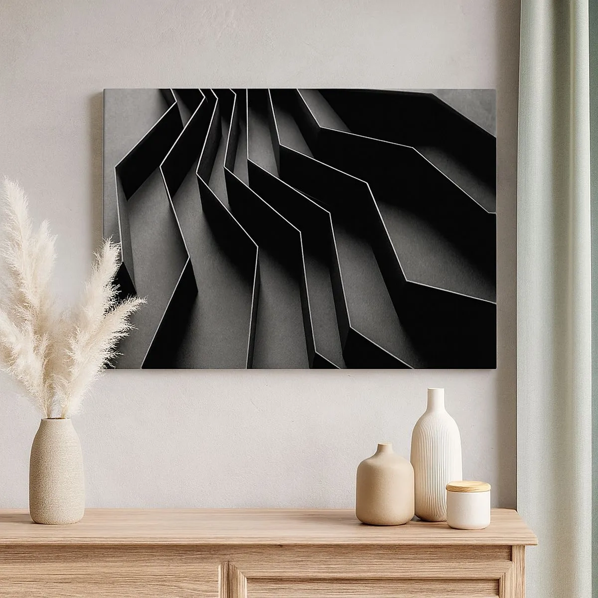 Impression sur toile - Image sur toile - Abstraction en noir et blanc avec des structures géométriques - 70x50cm - Ordre spatial - Décoration murale moderne pour le salon et la chambre ARTTOR