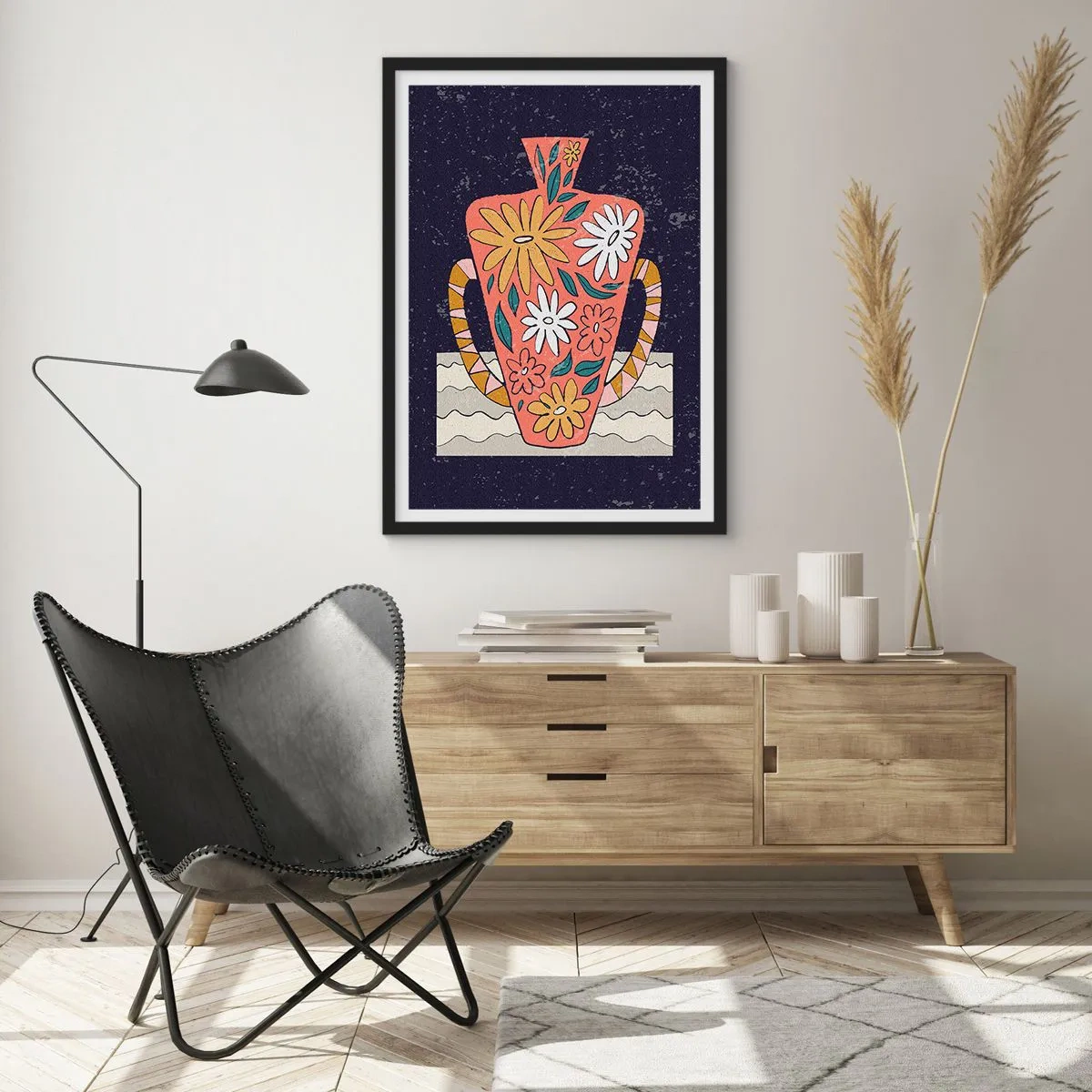 Affiche dans un cadre noir - Poster - Un vase coloré avec un motif floral sur un fond sombre - 50x70cm - Cruche peinte - Décoration murale moderne pour le salon et la chambre ARTTOR