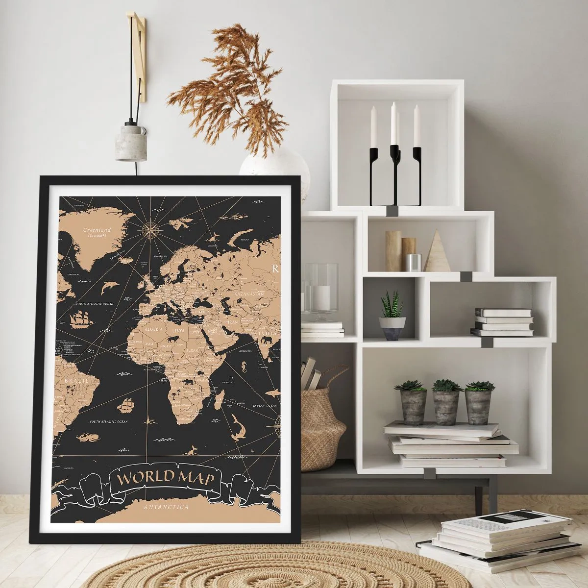 Affiche dans un cadre noir - Poster - Carte du monde stylisée aux couleurs vintage - 50x70cm - Les limites de mon monde - Décoration murale moderne pour le salon et la chambre ARTTOR