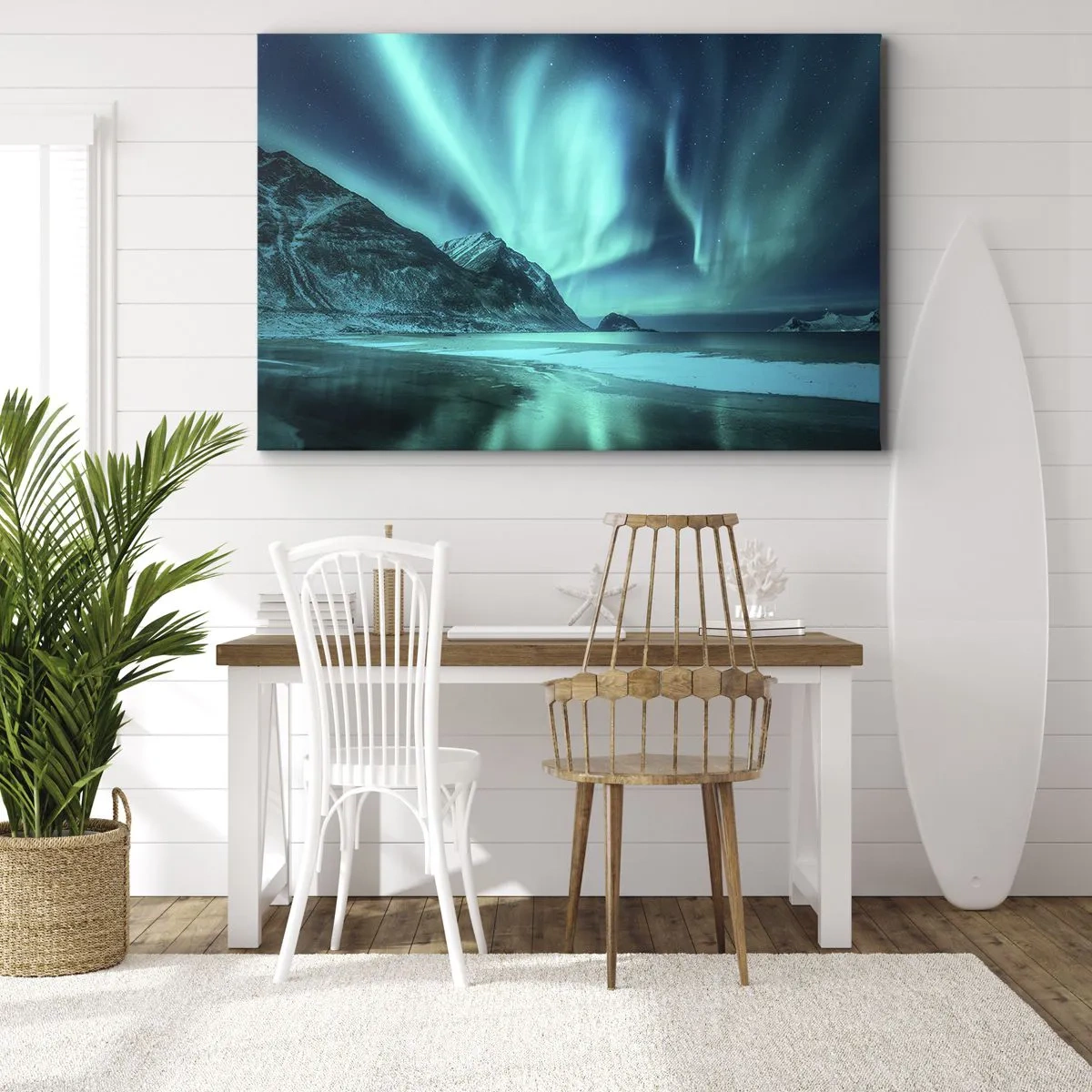 Impression sur toile - Image sur toile - Aurore boréale sur un paysage hivernal montagneux - 70x50cm - Merveilles du Nord - Décoration murale moderne pour le salon et la chambre ARTTOR
