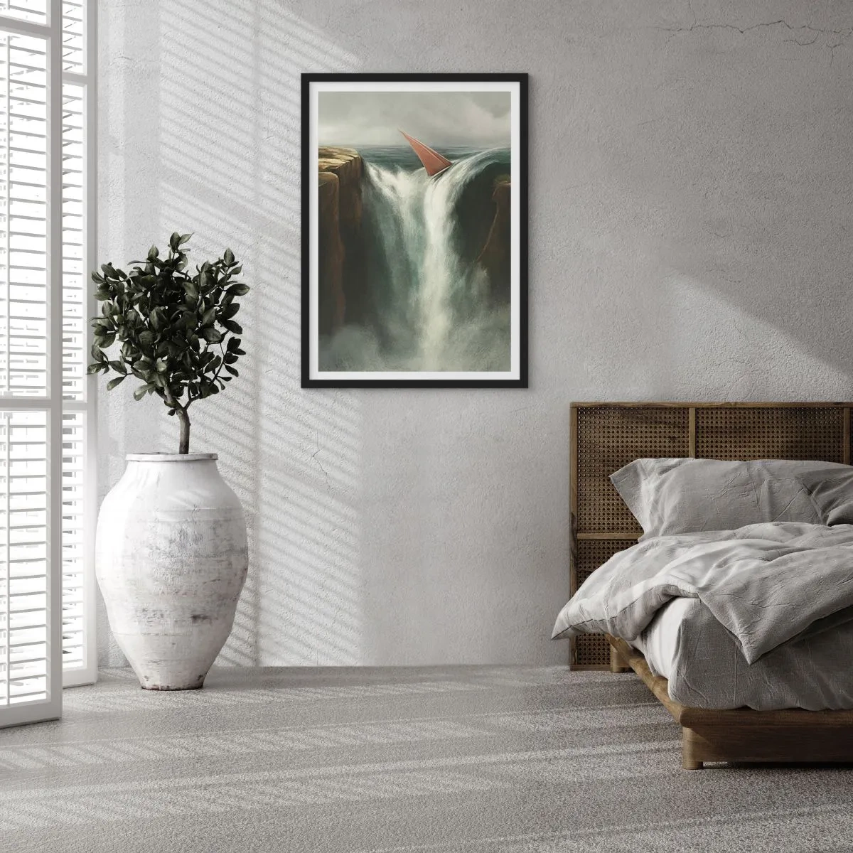 Affiche dans un cadre noir - Poster - Un voilier tombe d'une cascade dans un paysage surréaliste. - 50x70cm - Un avertissement de la vie - Décoration murale moderne pour le salon et la chambre ARTTOR
