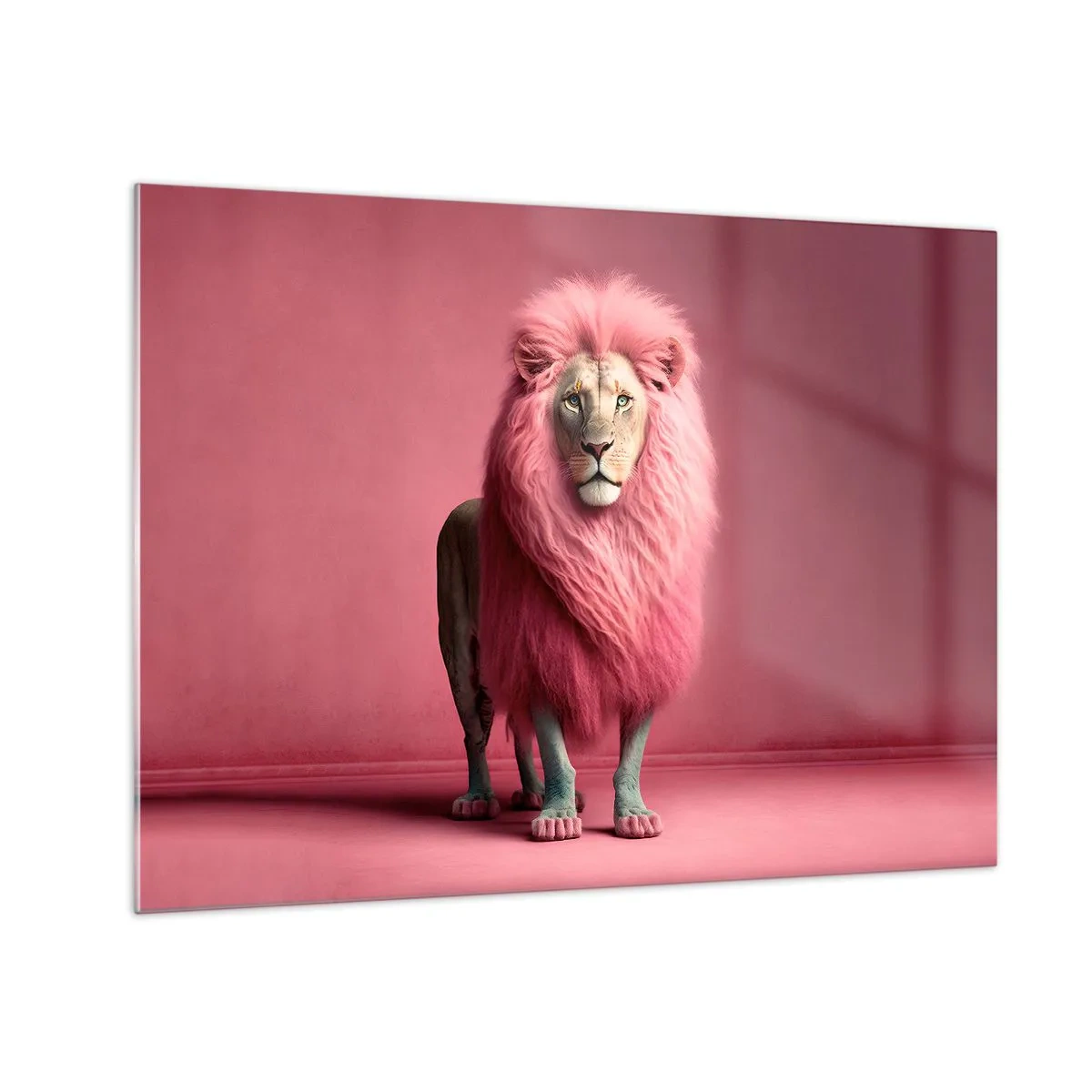 Impression sur verre - Image sur verre - Un lion avec une crinière rose contre un mur pastel - 70x50cm - Et tu n'as plus peur - Décoration murale moderne pour le salon et la chambre ARTTOR